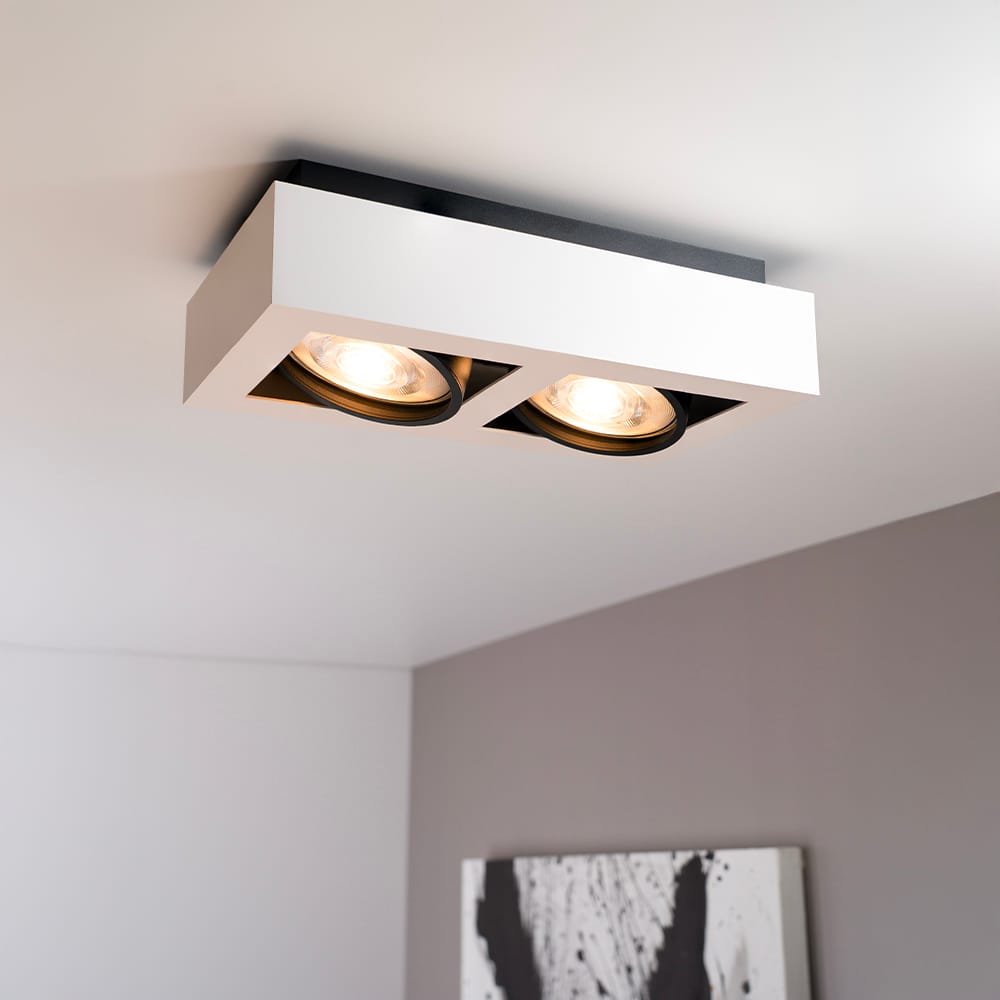 Castor bianco nero II by LUSENZ - Rechthoekige 2-lichts plafondlamp met richtbare spots, mat witte coating en matzwart interieur afbeelding