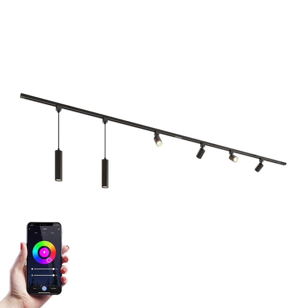 Taros Railverlichting Pakket - Recht - 2x 1,5 m rail - 4 railspots - 2 hanglamp - Incl. RGBWW GU10 -