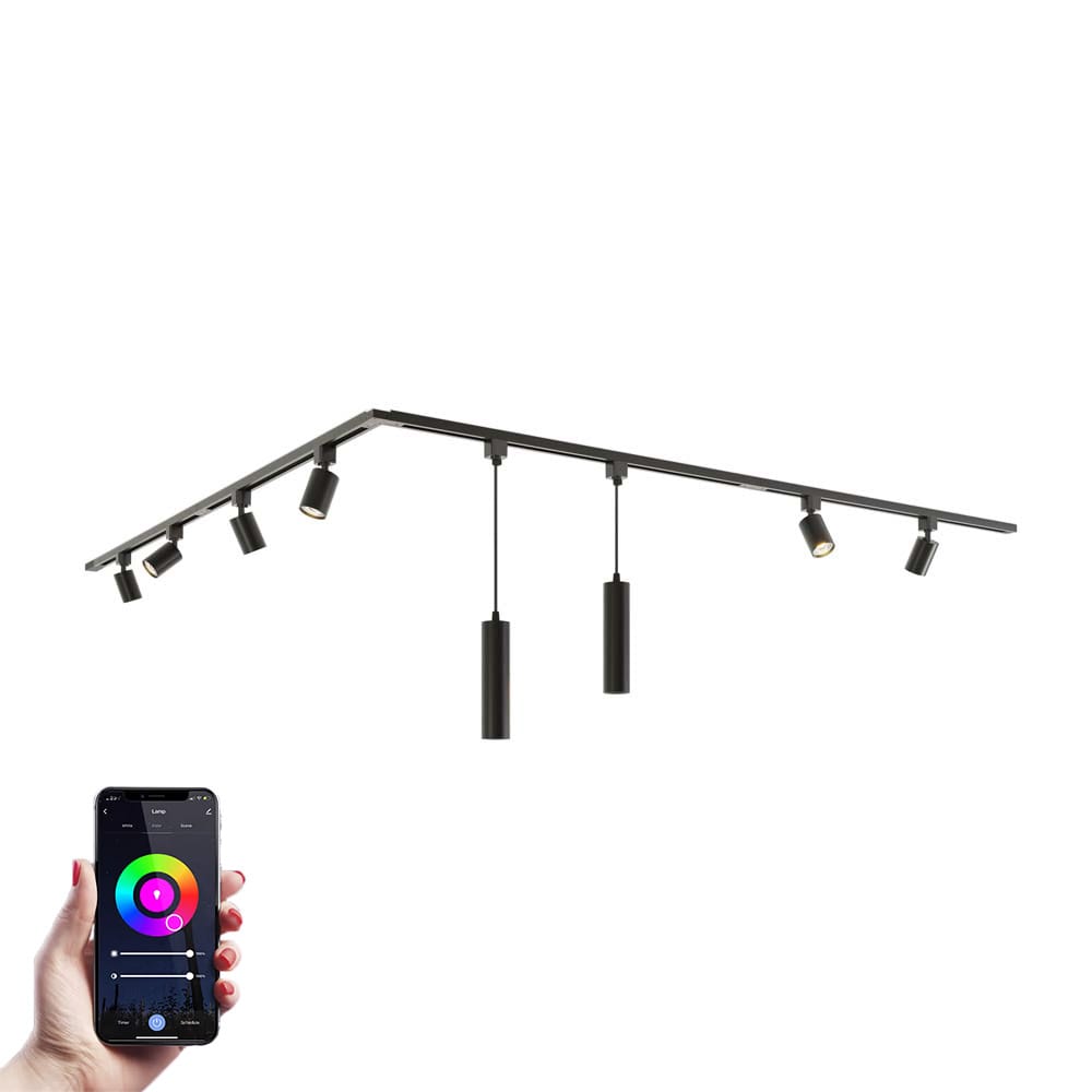 Taros Railverlichting Pakket - L-vorm - 4x 1 m rail - 6 railspots - 2 hanglamp - Incl. RGBWW GU10 - 