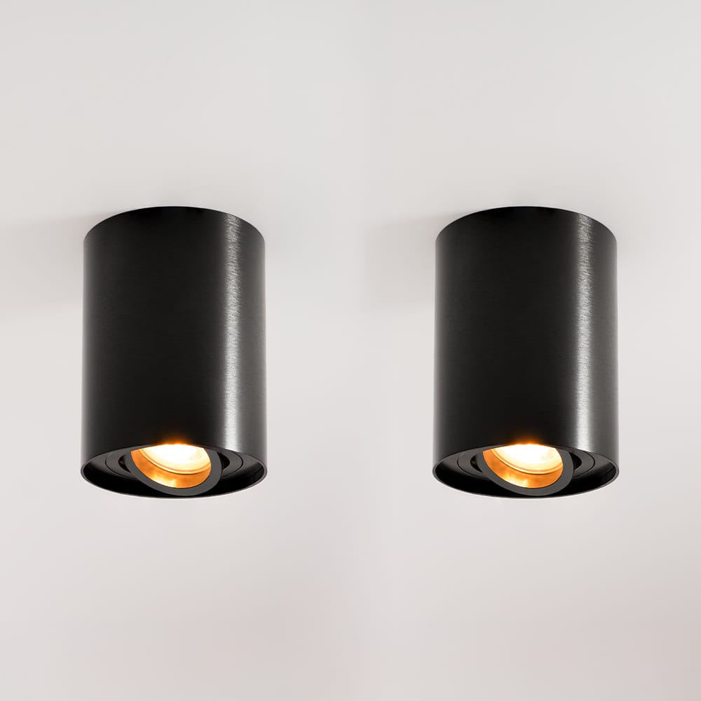 2x Solis nero by LUSENZ - Cilindervormige opbouwspot met enkel lichtaccent en een geborstelde zwarte