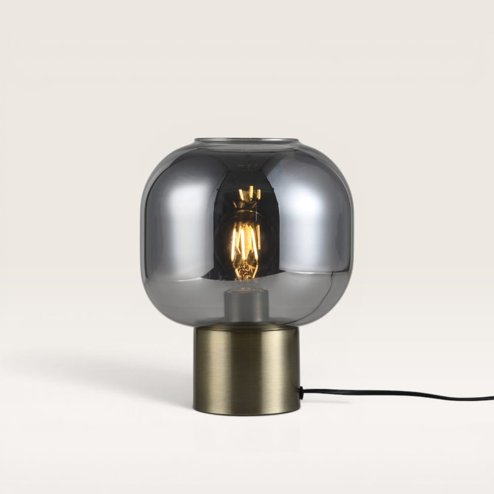 Xelyra - Zwarte Tafellamp Smoke glas 30 cm - Lampenstandaard goud Metaal - Vintage tafellamp - Dressoir lamp - E27 fitting - Met aan/uit-schakelaar afbeelding