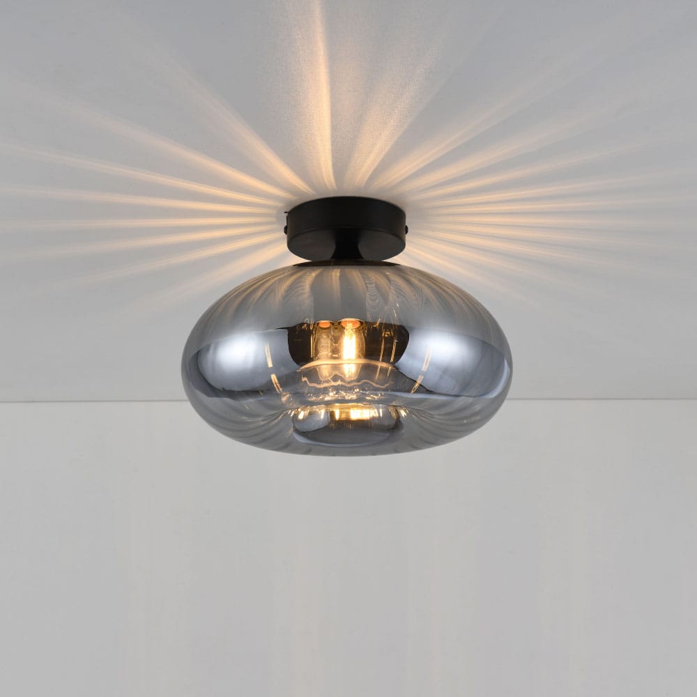 Plafondlamp Zareon vetro fum? - E27-fitting - 25W - Rookglas - Metalen drager - Zilver en zwart - IP