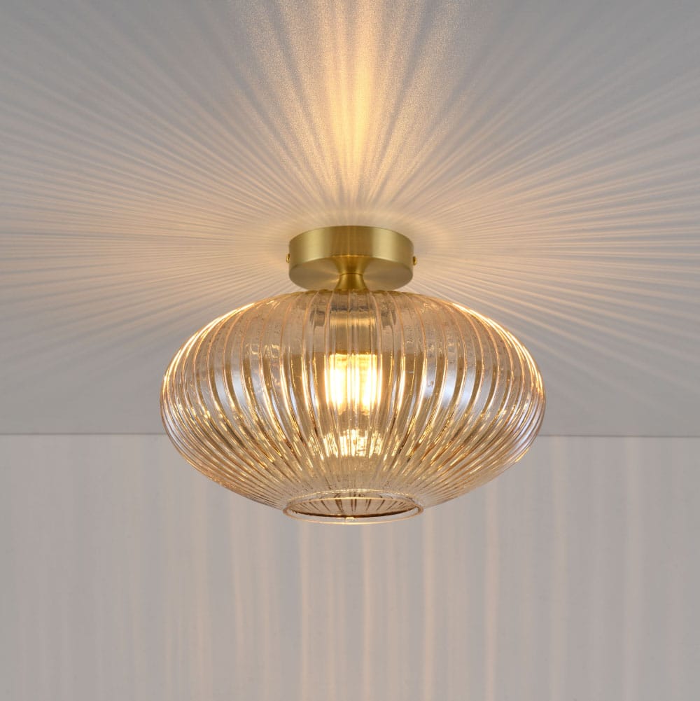 Plafondlamp Ovale ambra - E27-fitting - Bol van geribbeld amberkleurig glas - Vulkaanvormige gouden 