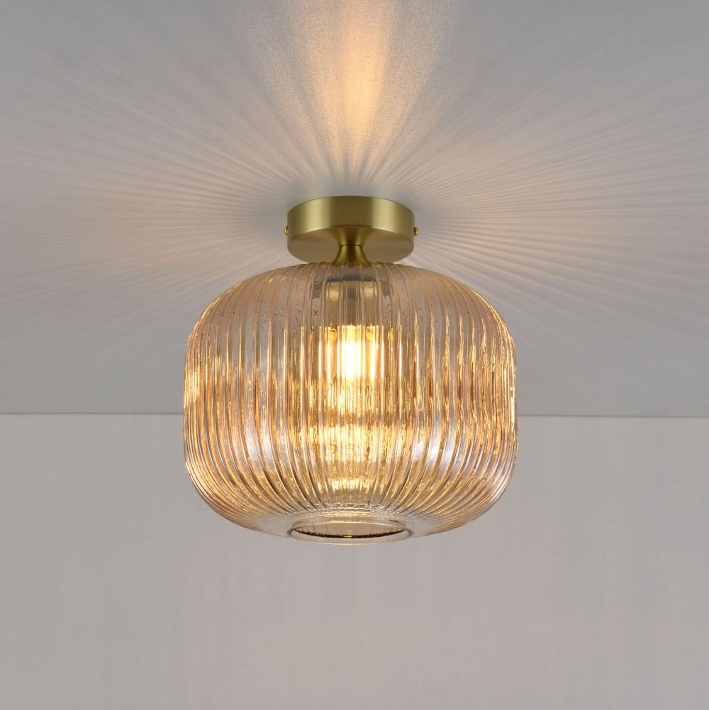Plafondlamp Virello ambra - E27-fitting - Bol van geribbeld amberkleurig glas - Vulkaanvormige goude