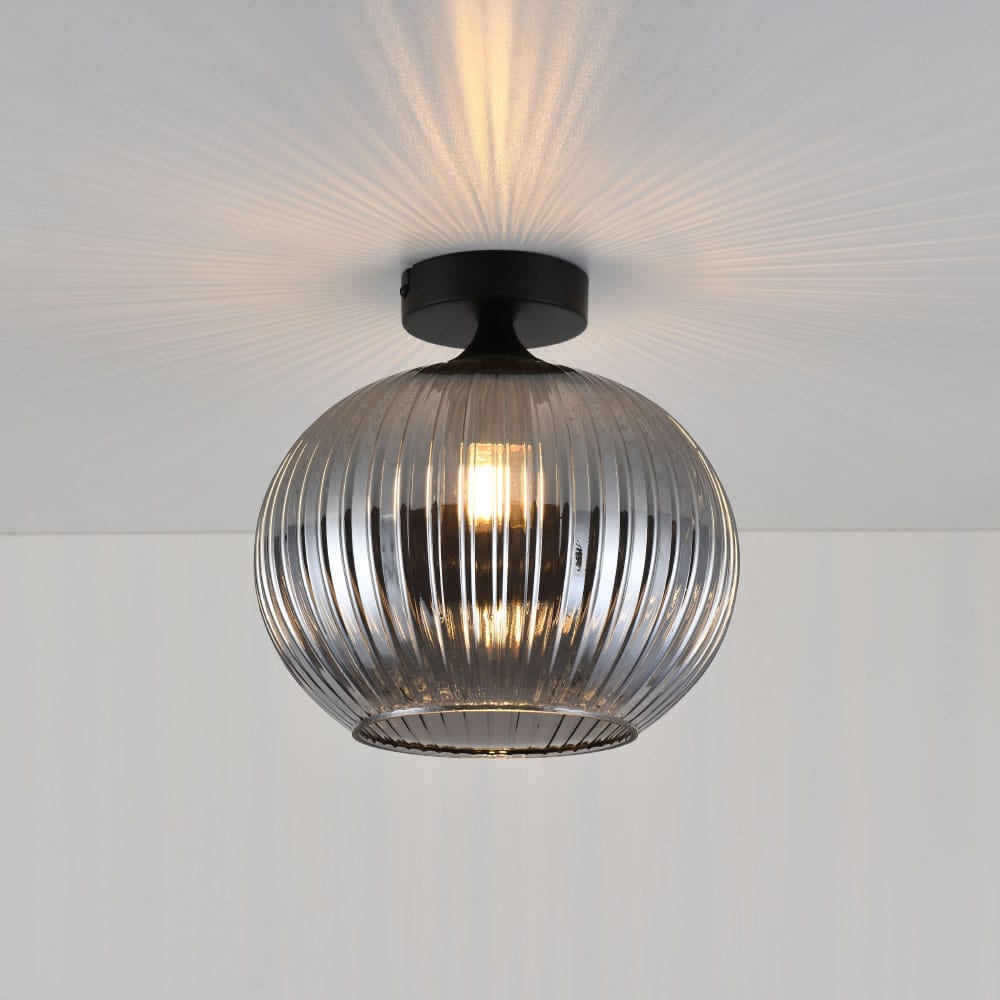 Plafondlamp Globo vetro fum? - E27-fitting - Bol van geribbeld rookglas - Vulkaanvormige zwarte drag
