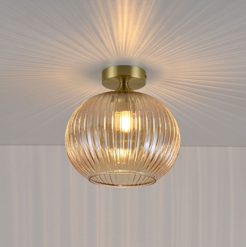Plafondlamp Globo ambra - E27-fitting - Bol van geribbeld amberkleurig glas - Vulkaanvormige gouden 