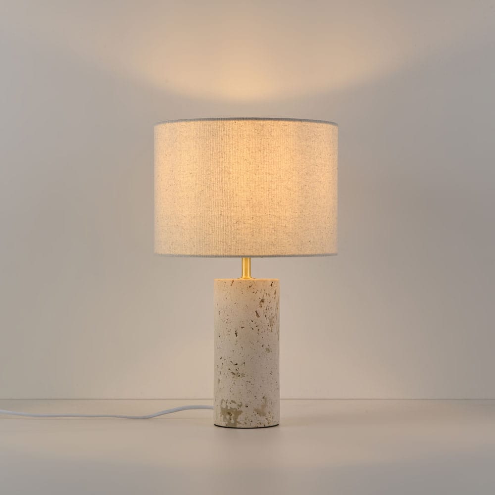 Tafellamp Nalori lino travertino - E27-fitting - IP20 voor binnen - Linnen kap - Voet van travertin