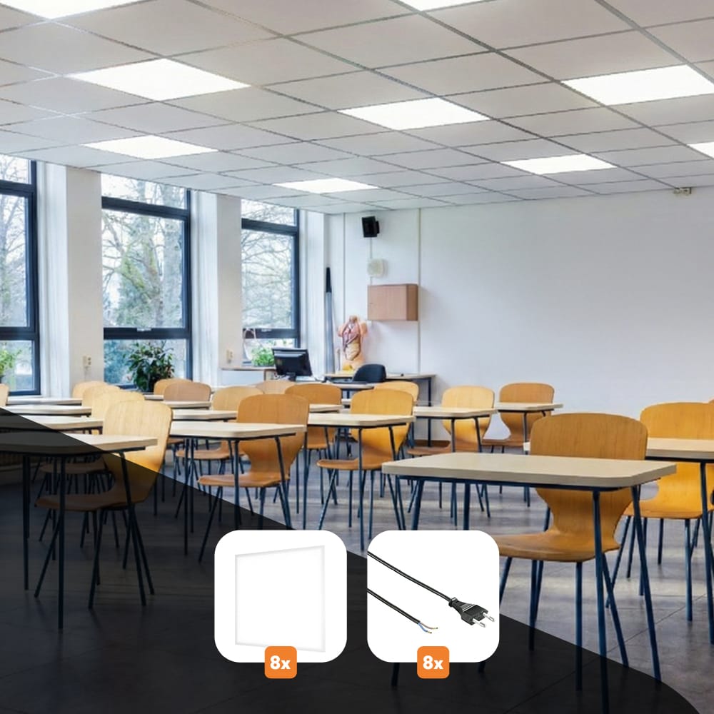 Lichtbundel 'BrightStudy' - Compleet pakket - Onderwijs - Klaslokaal - 6x8m - 7x9m - 8 panelen en 8 
