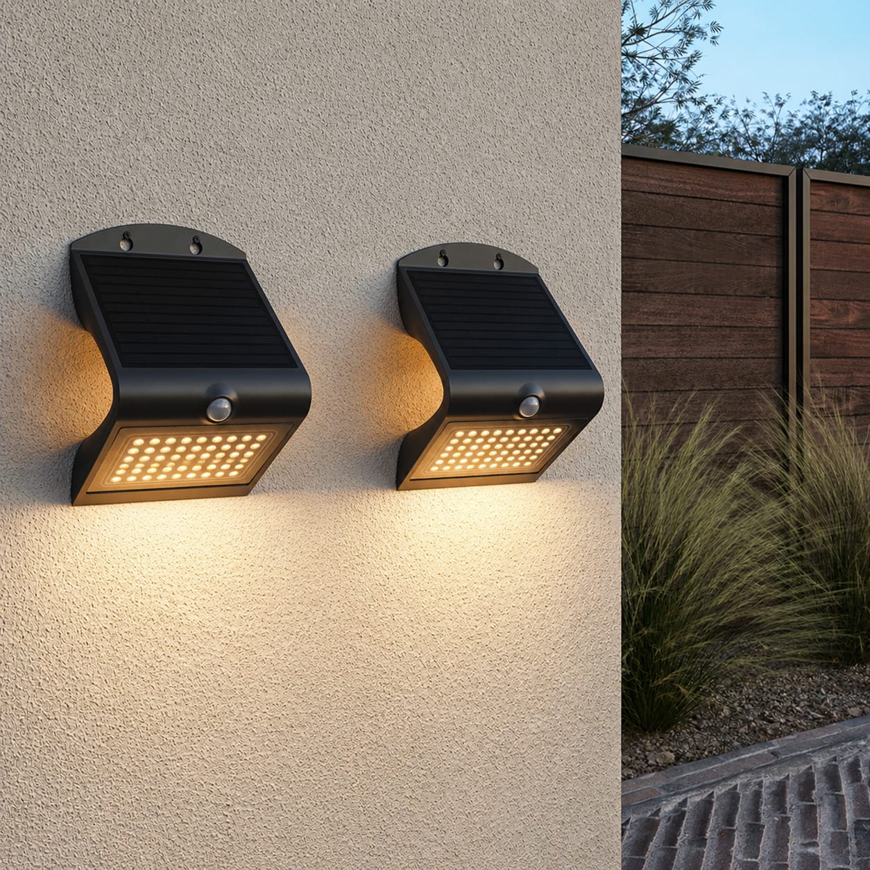 Set van 2 Rhodes Solar Wandlampen Up & Down - met Bewegingssensor - 4W - 3000K Warm wit - 2 lichtsta