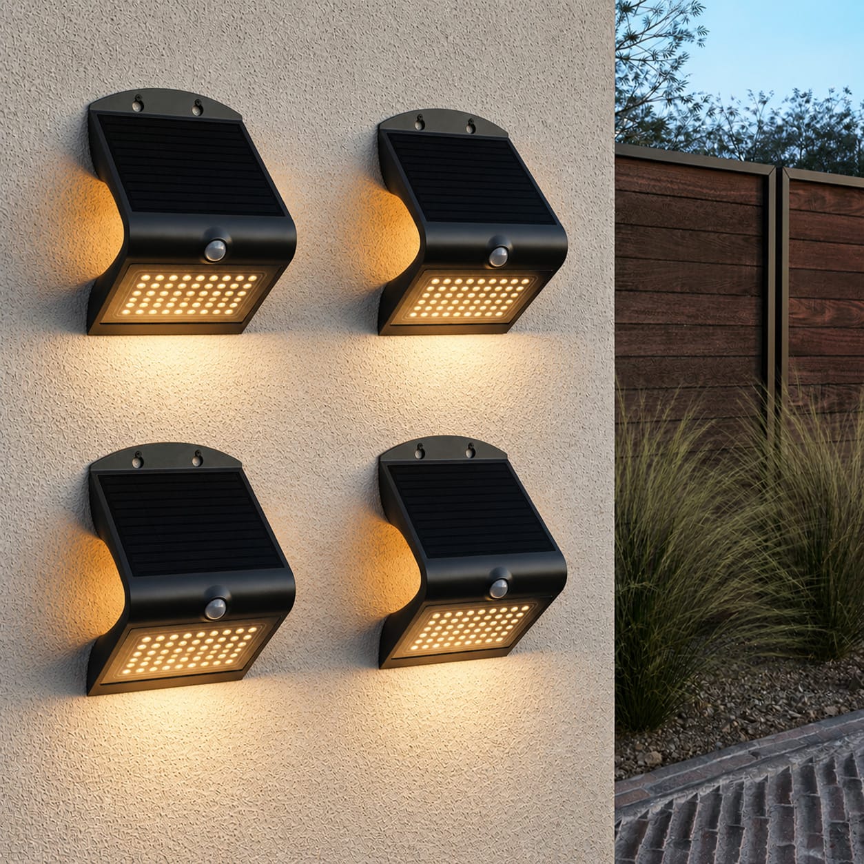 Set van 4 Rhodes Solar Wandlampen Up & Down - met Bewegingssensor - 4W - 3000K Warm wit - 2 lichtsta
