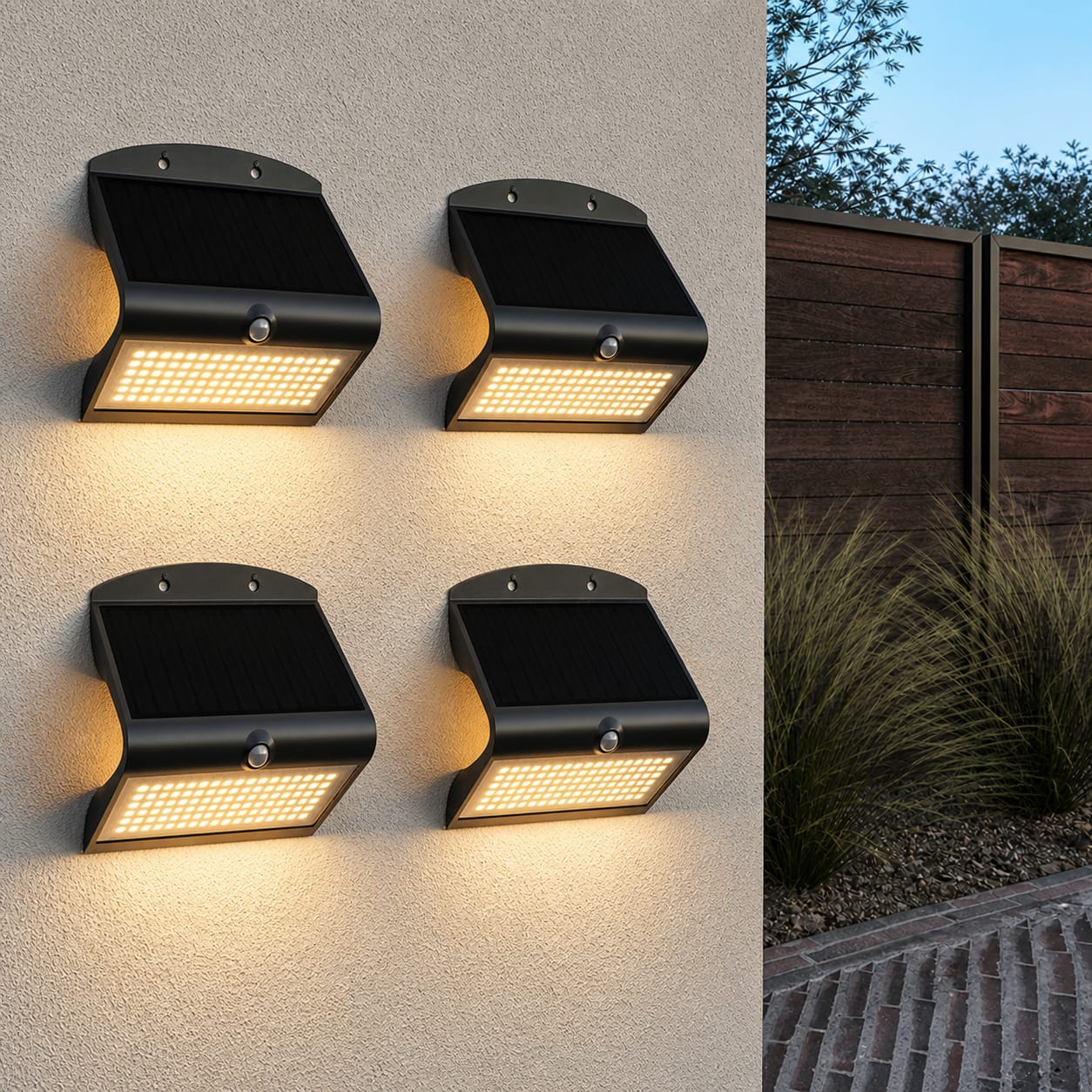 Set van 4 Rhodes Solar Wandlampen Up & Down - met Bewegingssensor - 8W - 3000K Warm wit - 2 lichtsta