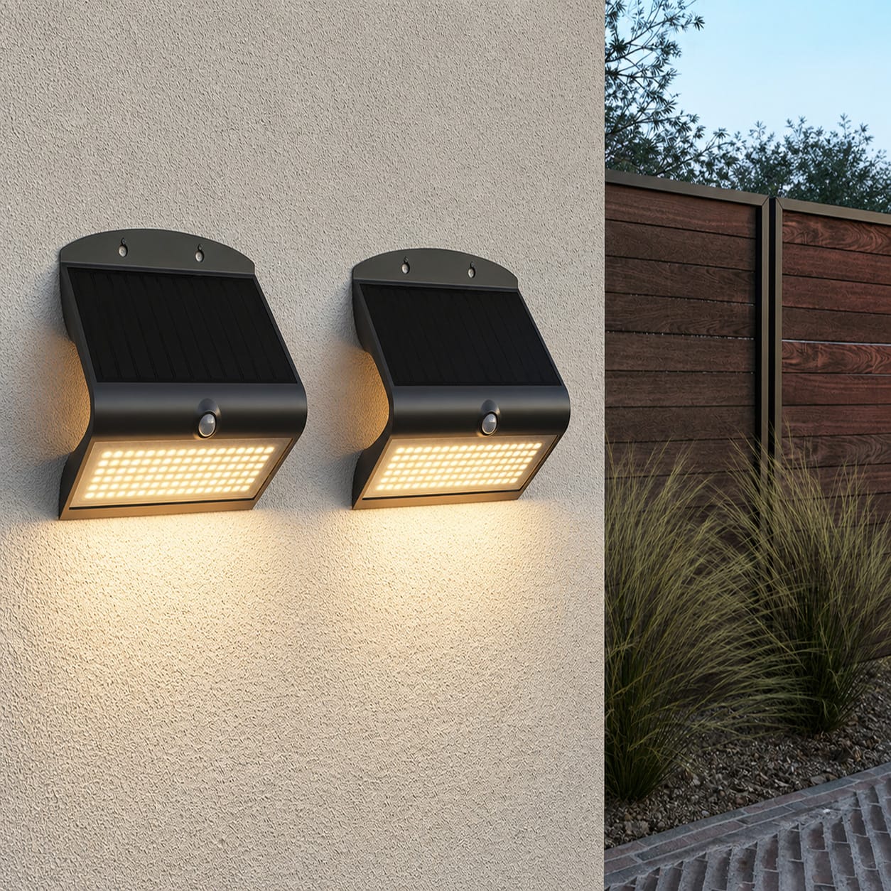 Set van 2 Rhodes Solar Wandlampen Up & Down - met Bewegingssensor - 8W - 3000K Warm wit - 2 lichtsta