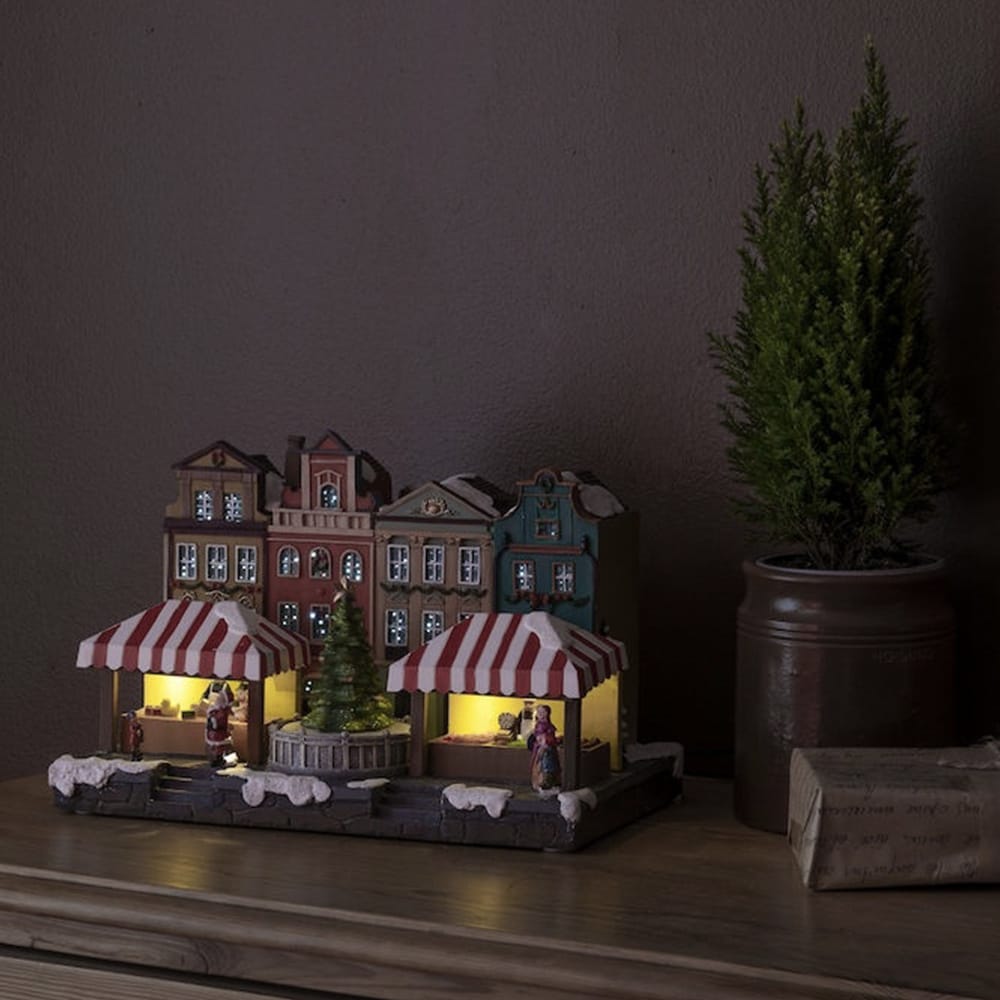 Kersthuis verlichting - Grachtpanden met marktkramen en kerstboom - met muziek afbeelding