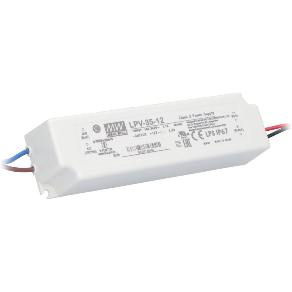 Meanwell LED transformator 12V - 36 Watt - 3A - LED trafo - IP67 waterdicht voor buiten afbeelding