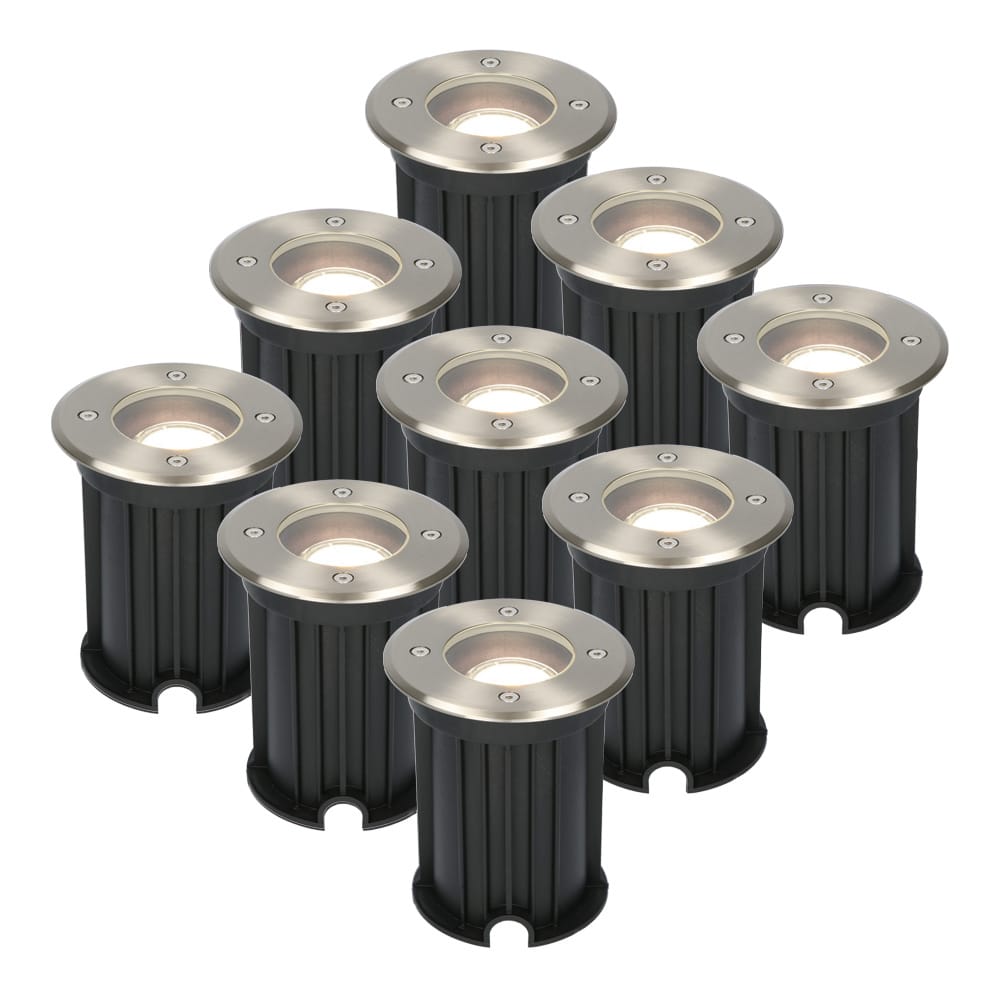 9er Set Maisy LED Bodeneinbaustrahler außen - Ø12cm - Rund - Dimmbar - GU10 Fassung - 2700K Neutralweiß - 4W 345lm - Bodenstrahler - Edelstahl -