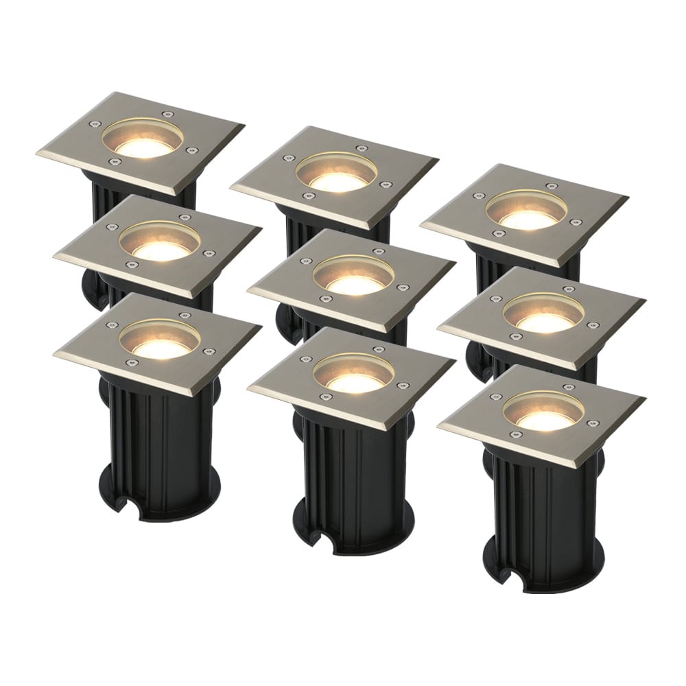 9er Set Ramsay LED Bodeneinbaustrahler außen - Dimmbar - Eckig - GU10 Fassung - 4 Watt 345 Lumen - 6500K tageslichtweiß - Edelstahl - IP67