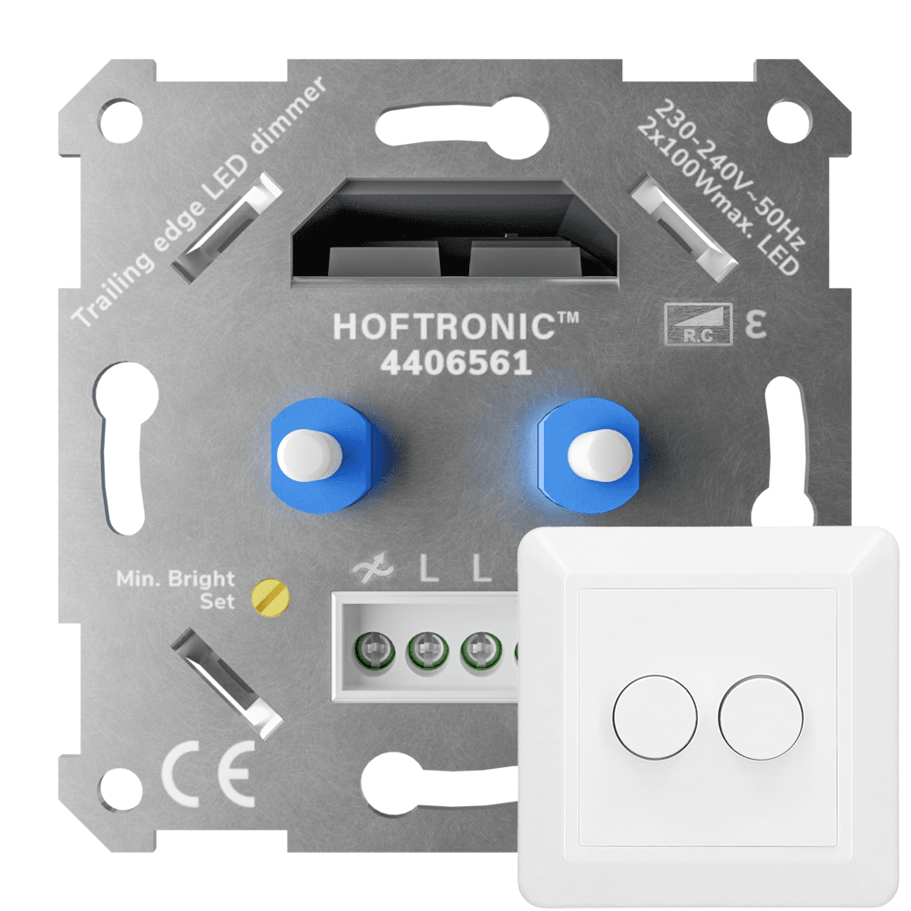 LED Duo Dimmer Inbouw - 2x 0-100 Watt - Geschikt voor fase afsnijding - Trailing edge - Incl. wit frame en druk/draaiknop afbeelding