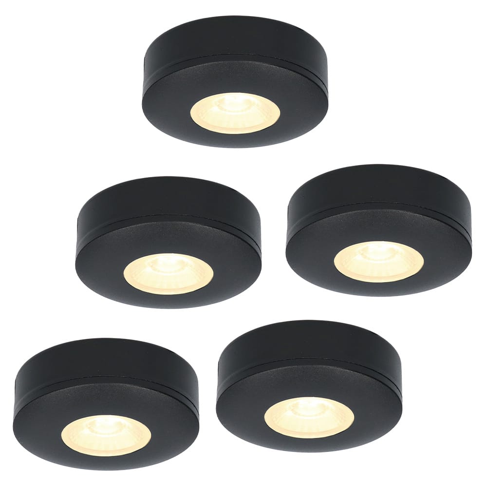 Set van 5 Pavo - Platte LED opbouwspots 23mm - 3W 300lm - 2700K - Dimbaar - Rond - IP44 - Zwart afbeelding 1