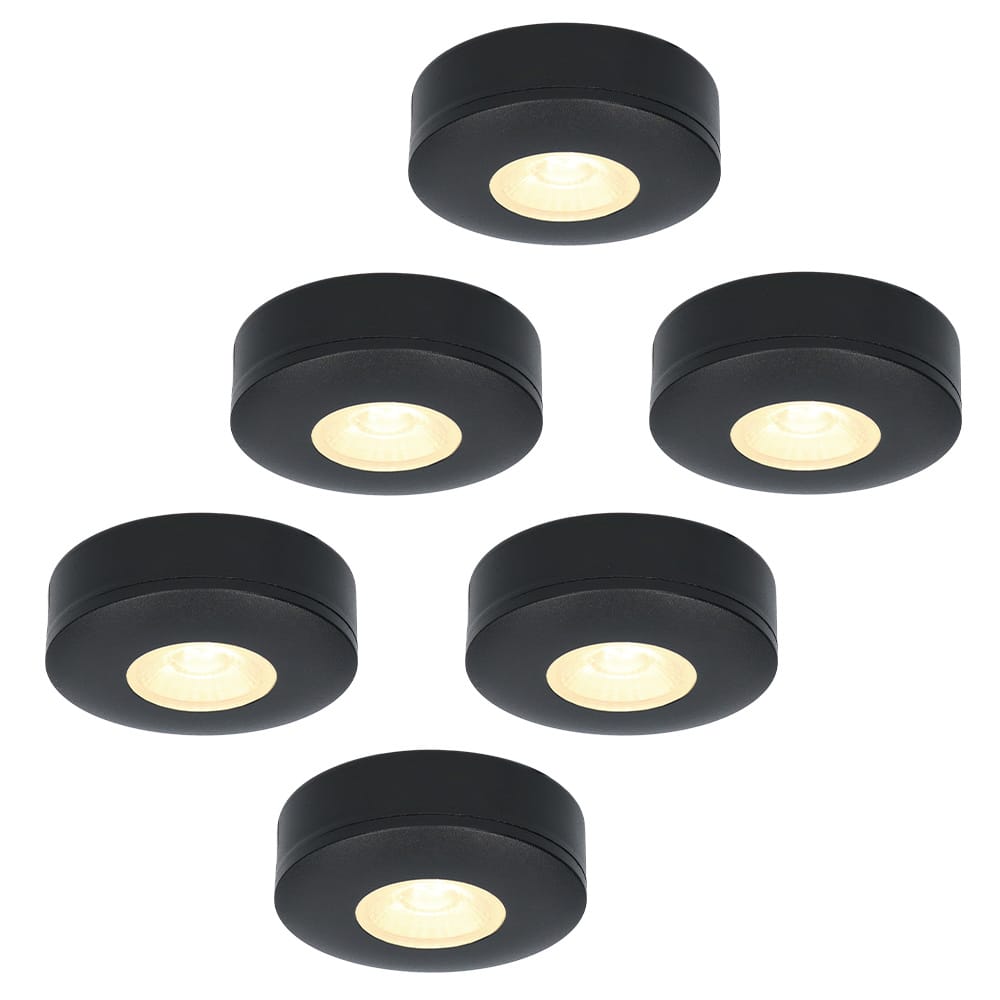 Set van 6 Pavo - Platte LED opbouwspots 23mm - 3W 300lm - 2700K - Dimbaar - Rond - IP44 - Zwart afbeelding