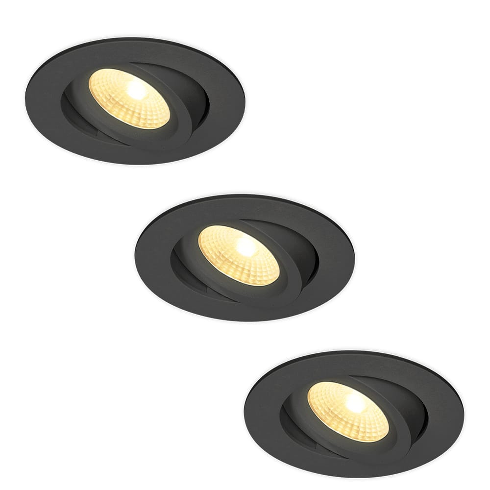 Set van 3 Salerno LED inbouwspots - 8W 650 lumen - 2700K warm wit - Dimbaar - Rond - Kantelbaar - IP44 waterdicht - Zwart - Voor binnen, buiten en badkamer afbeelding