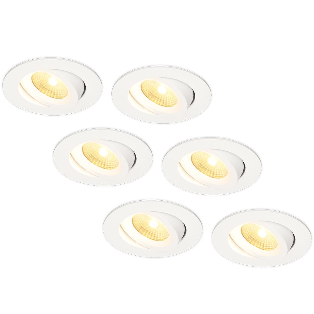 Set van 6 Salerno LED inbouwspots - 8W 650 lumen - 2700K warm wit - Dimbaar - Rond - Kantelbaar - IP44 waterdicht - Wit - Voor binnen, buiten en badkamer afbeelding 1