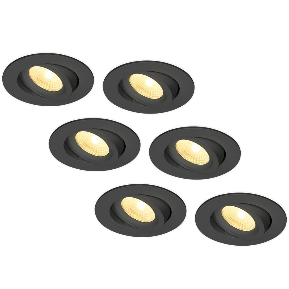 Set van 6 Salerno LED inbouwspots - 8W 650 lumen - 2700K warm wit - Dimbaar - Rond - Kantelbaar - IP44 waterdicht - Zwart - Voor binnen, buiten en badkamer afbeelding