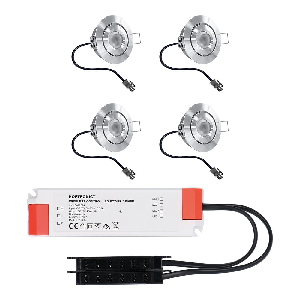Set van 4 Lavanto LED Mini Inbouwspots met trafo - 12 Volt 3 Watt 200 lumen - Kantelbaar - Plat 58mm - 2700K - IP44 waterdicht - RVS afbeelding