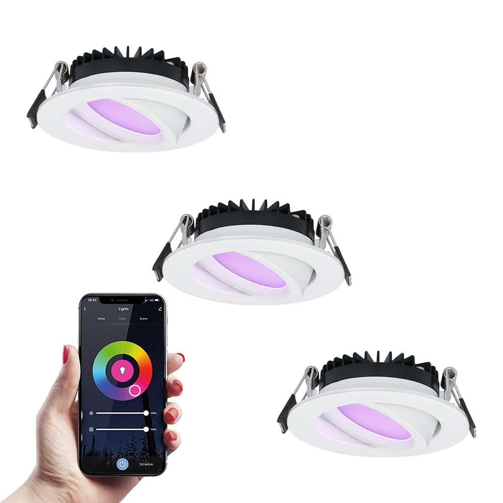 Set van 3 Rome smart inbouwspots - IP44 Waterdicht - 6 Watt 480 lumen - Kantelbaar - Lage inbouwdiepte 27mm - Wifi + Bluetooth - RGBWW - Google Home, Amazon Alexa en Siri - Wit - Voor binnen en buiten afbeelding