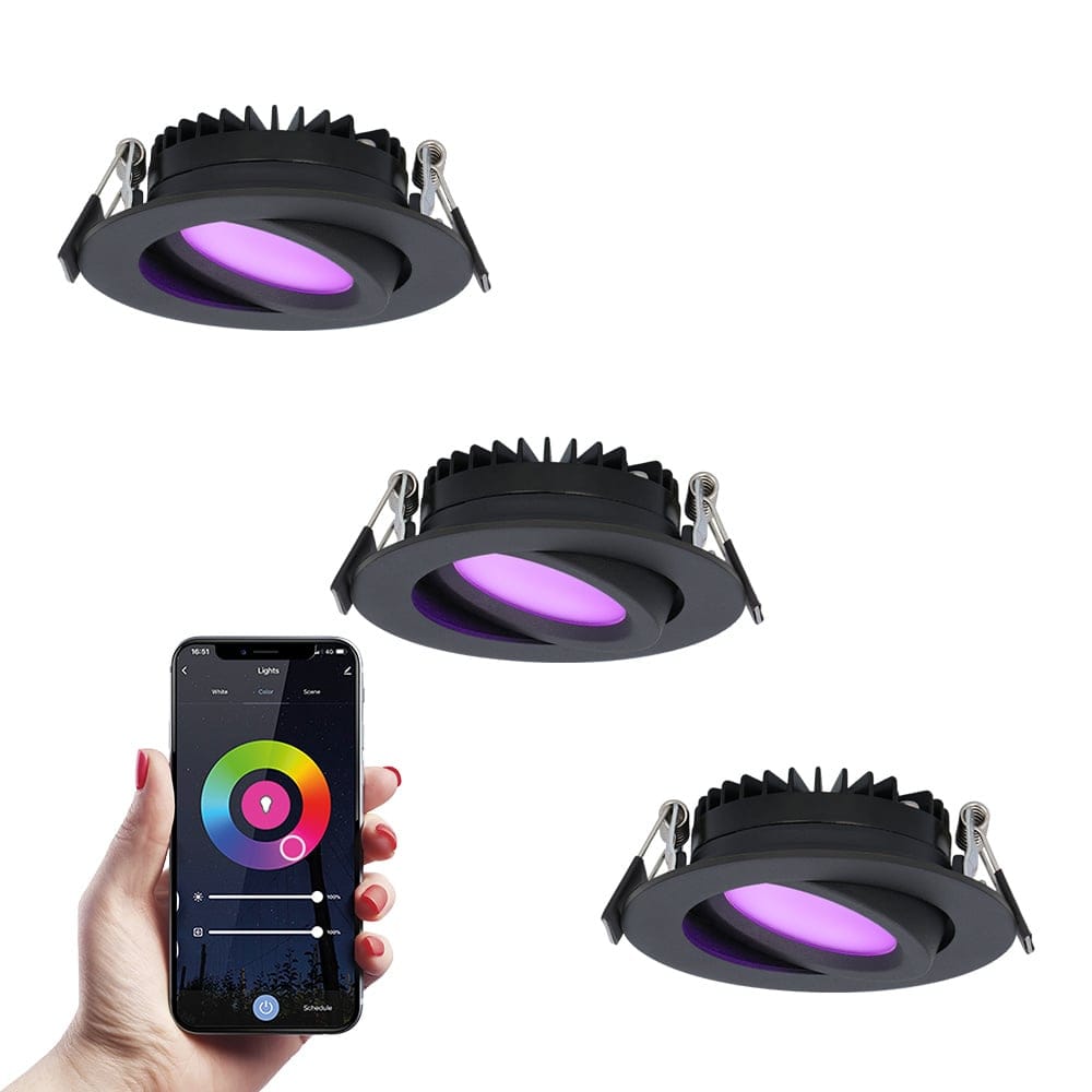 Set van 3 Rome smart inbouwspots - IP44 Waterdicht - 6 Watt 480 lumen - Kantelbaar - Lage inbouwdiepte 27mm - Wifi + Bluetooth - RGBWW - Google Home, Amazon Alexa en Siri - Zwart - Voor binnen en buiten afbeelding 1