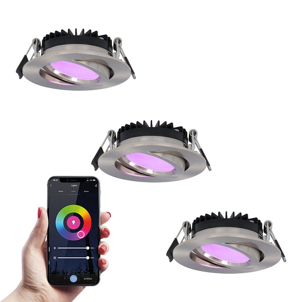 Set van 3 Rome smart inbouwspots - IP44 Waterdicht - 6 Watt 480 lumen - Kantelbaar - Lage inbouwdiepte 27mm - Wifi + Bluetooth - RGBWW - Google Home, Amazon Alexa en Siri - RVS - Voor binnen en buiten afbeelding