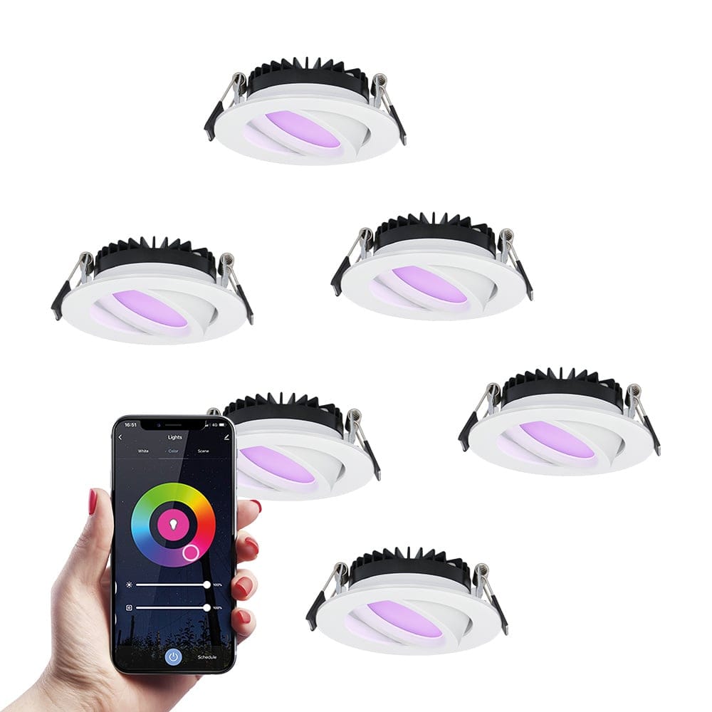 Set van 6 Rome smart inbouwspots - IP44 Waterdicht - 6 Watt 480 lumen - Kantelbaar - Lage inbouwdiepte 27mm - Wifi + Bluetooth - RGBWW - Google Home, Amazon Alexa en Siri - Wit - Voor binnen en buiten afbeelding