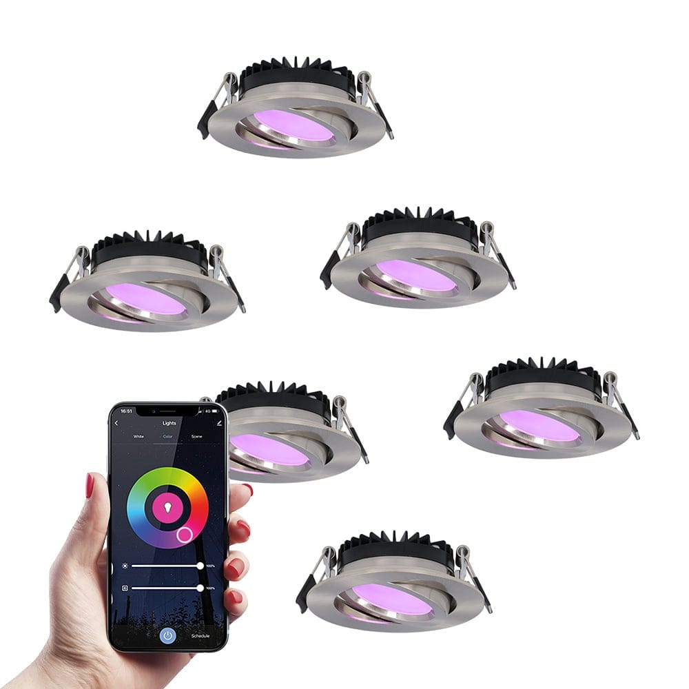 Set van 6 Rome smart inbouwspots - IP44 Waterdicht - 6 Watt 480 lumen - Kantelbaar - Lage inbouwdiepte 27mm - Wifi + Bluetooth - RGBWW - Google Home, Amazon Alexa en Siri - RVS - Voor binnen en buiten afbeelding