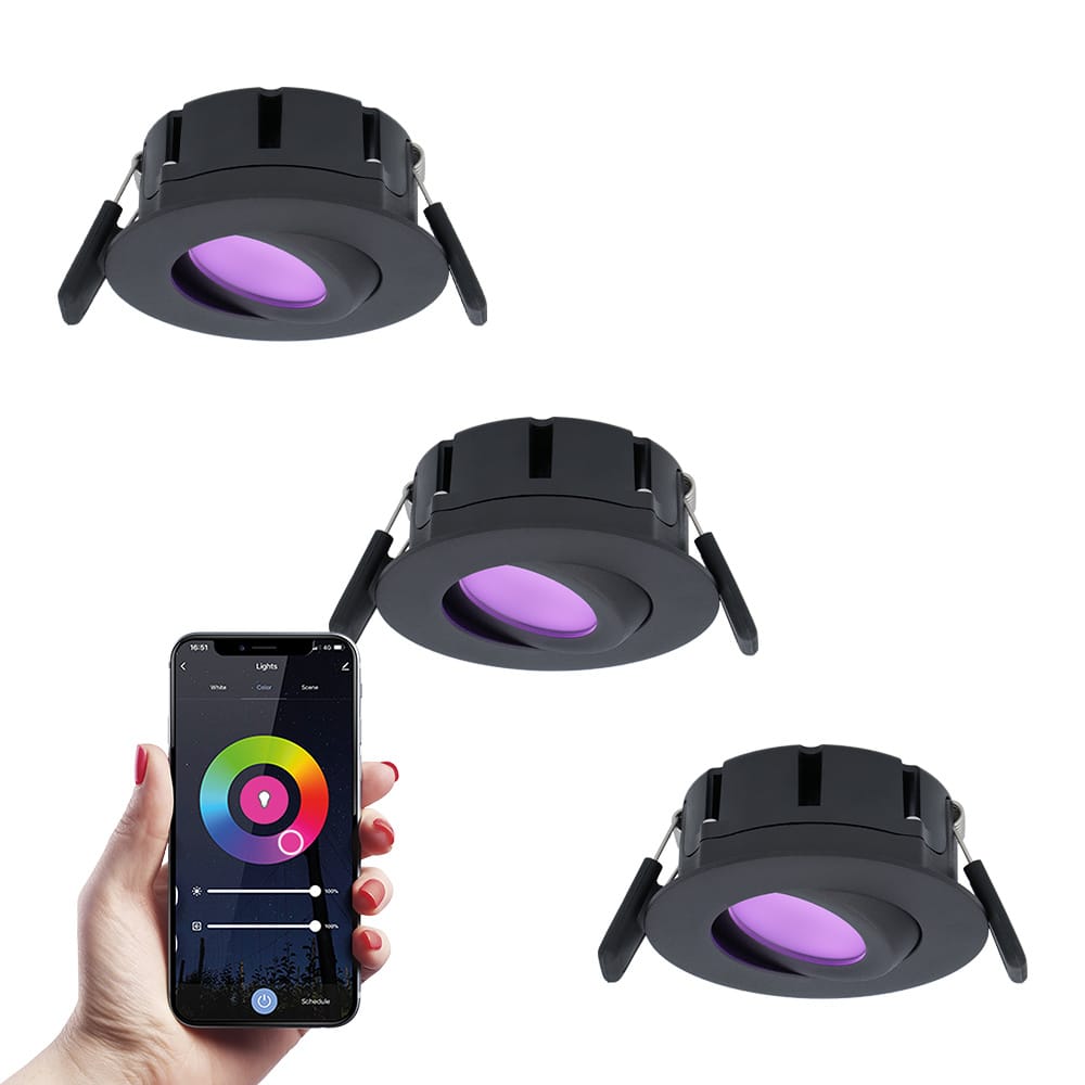 Set van 3 Napels smart inbouwspots - IP65 Waterdicht - 8 Watt 600 Lumen - Kantelbaar - Wifi + Bluetooth - RGBWW - Google Home, Amazon Alexa en Siri - Zwart - Voor binnen en buiten afbeelding