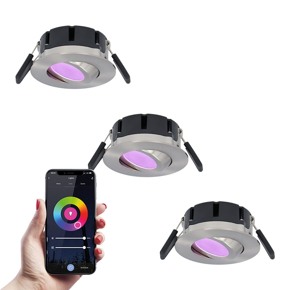 Set van 3 Napels smart inbouwspots - IP65 Waterdicht - 8 Watt 600 Lumen - Kantelbaar - Wifi + Bluetooth - RGBWW - Google Home, Amazon Alexa en Siri - RVS - Voor binnen en buiten afbeelding