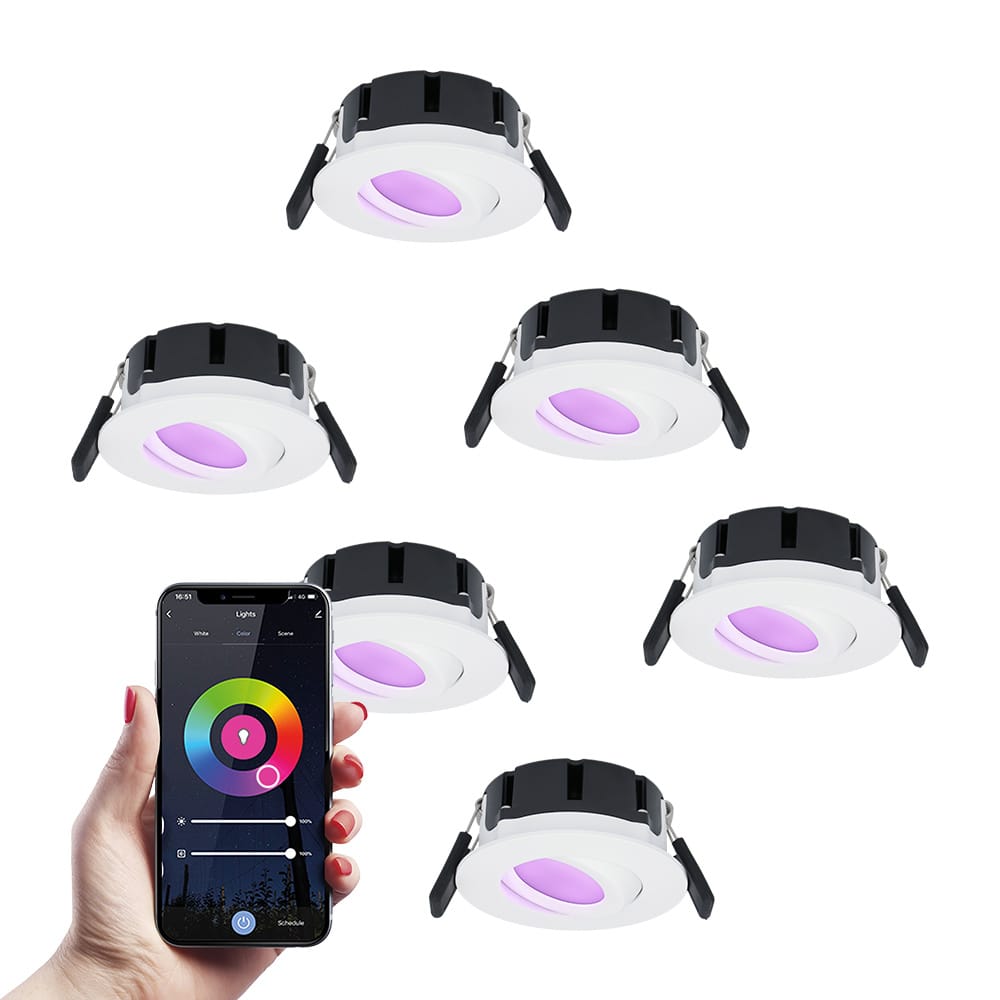 Set van 6 Napels smart inbouwspots - IP65 Waterdicht - 8 Watt 600 Lumen - Kantelbaar - Wifi + Bluetooth - RGBWW - Google Home, Amazon Alexa en Siri - Wit - Voor binnen en buiten afbeelding