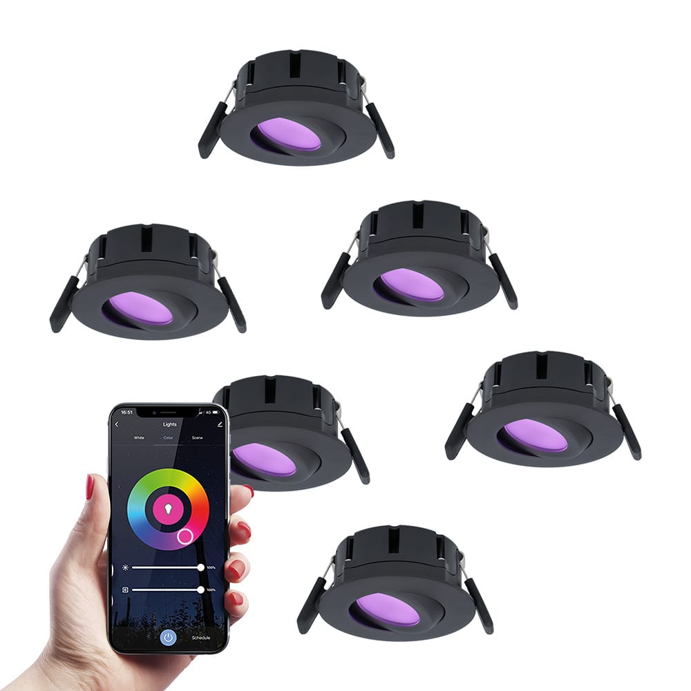 Set van 6 Napels smart inbouwspots - IP65 Waterdicht - 8 Watt 600 Lumen - Kantelbaar - Wifi + Bluetooth - RGBWW - Google Home, Amazon Alexa en Siri - Zwart - Voor binnen en buiten afbeelding