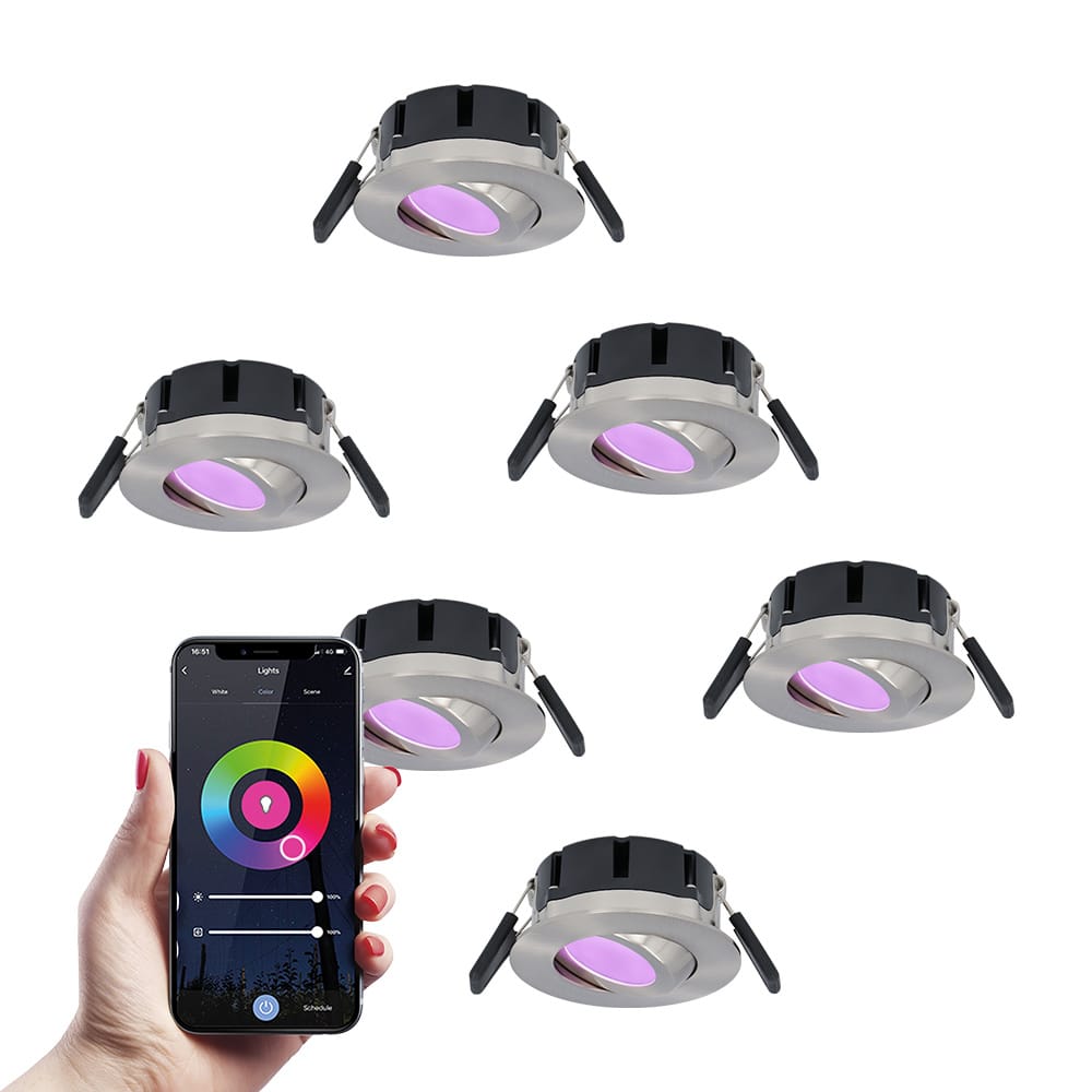 Set van 6 Napels smart inbouwspots - IP65 Waterdicht - 8 Watt 600 Lumen - Kantelbaar - Wifi + Bluetooth - RGBWW - Google Home, Amazon Alexa en Siri - RVS - Voor binnen en buiten afbeelding