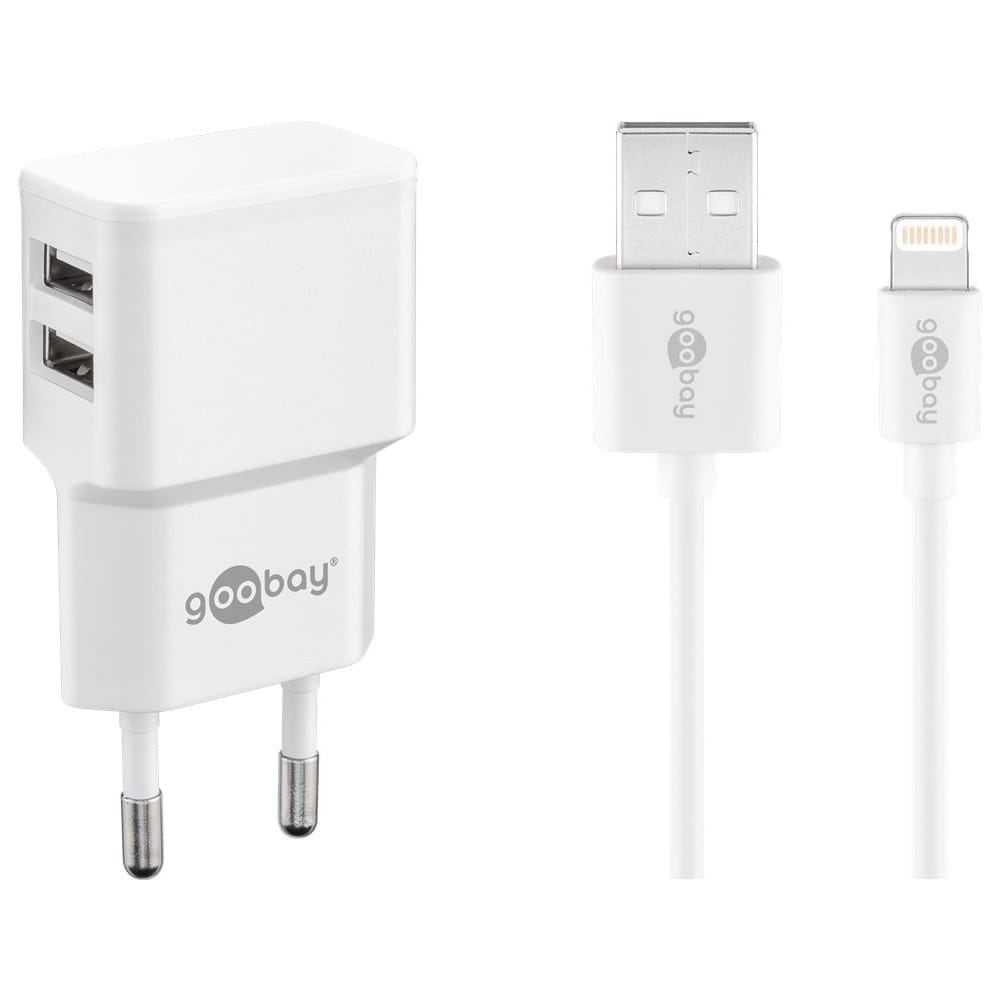Dual USB-A oplader - USB-A adapter - Apple Lightning oplader - Eurostekker type-C - CEE 7/16 - 12W - 2400mA - 5V - Wit afbeelding