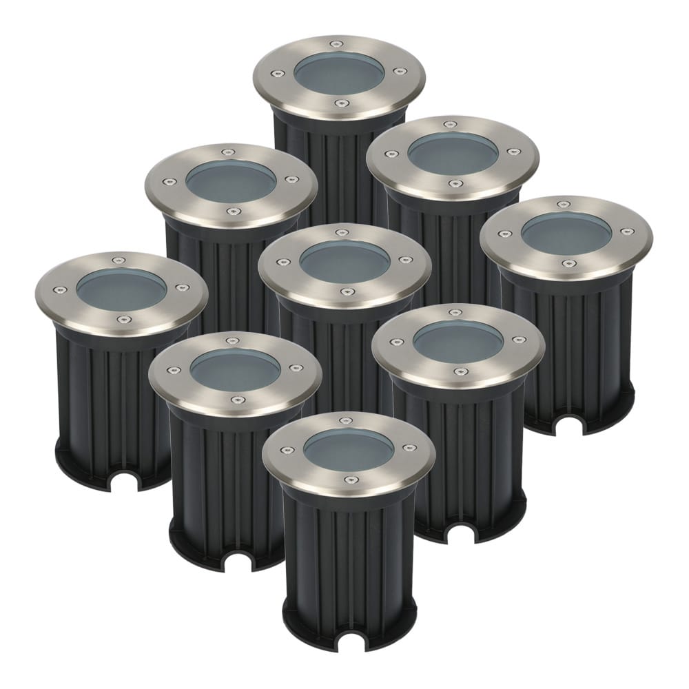 Set van 9 LED Grondspots Rond - Dimbaar - GU10 fitting - Excl. Lichtbron - Tuinspot - RVS - IP67 waterdicht - Overrijdbaar voor de Oprit, Tuin en Terras afbeelding