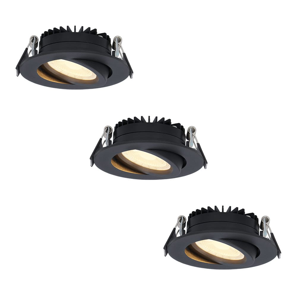 Set van 3 Rome LED inbouwspots - Kantelbaar - IP44 waterdicht - 6 Watt 500 lumen - 2700K warm wit - Lage inbouwdiepte 27mm - Dimbaar - Rond - Zwart - Voor binnen en buiten afbeelding