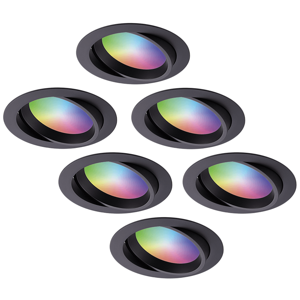 Set van 6 Luna Smart inbouwspots IP44 Kantelbaar 12 Watt 1050 Lumen (Superbright) Wifi Bluetooth RGBWW Google Home, Amazon Alexa en Siri Zwart Badkamer, binnen en buiten