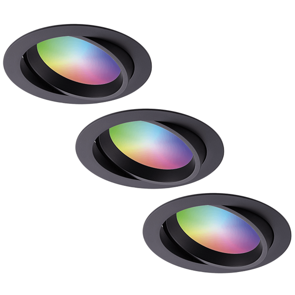 Set van 3 Luna Smart inbouwspots IP44 Kantelbaar 12 Watt 1050 Lumen (Superbright) Wifi Bluetooth RGBWW Google Home, Amazon Alexa en Siri Zwart Badkamer, binnen en buiten