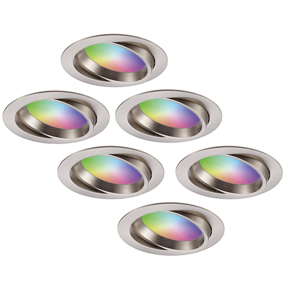 Set van 6 Luna Smart inbouwspots IP44 Kantelbaar 12 Watt 1050 Lumen (Superbright) Wifi Bluetooth RGBWW Google Home, Amazon Alexa en Siri RVS Badkamer, binnen en buiten