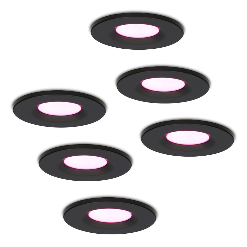 Set van 6 Venezia Smart inbouwspots - IP65 waterdicht - 6 Watt 450 lumen - Wifi + Bluetooth - RGBWW - Google Home, Amazon Alexa en Siri - Zwart - Badkamer, binnen en buiten afbeelding 1