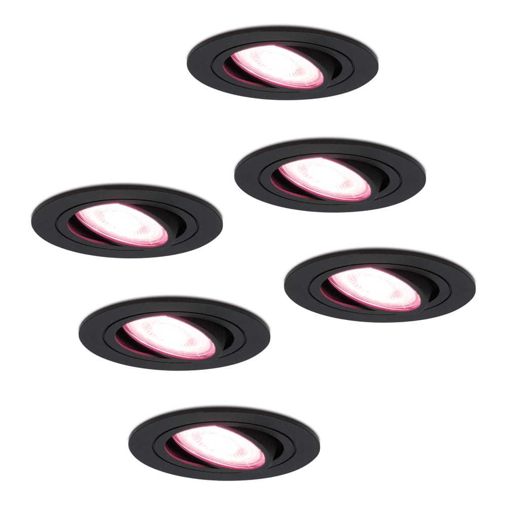 Set van 6 Miro smart inbouwspots - Wifi + Bluetooth - RGBWW - GU10 - Kantelbaar - Google Home, Amazon Alexa en Siri - IP20 voor binnen - Zwart - Plafondspots afbeelding