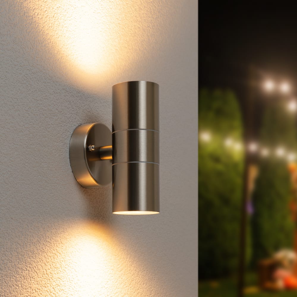 Jasmin LED Wandlamp - 8 watt 690 lumen - IP44 Waterdicht - GU10 vervangbare lichtbron - 2700K Warm Wit - Dimbaar - Binnen en buiten - Up & down light - RVS afbeelding
