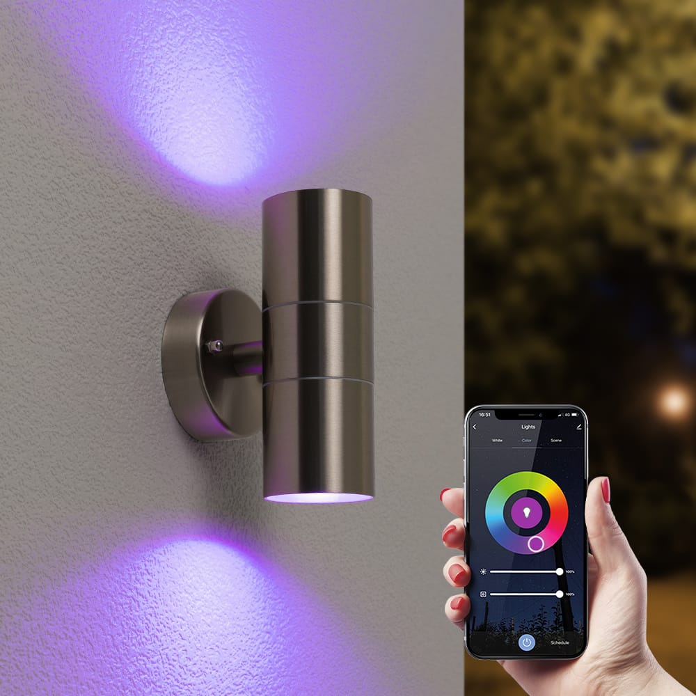 Jasmin Smart Wandlamp LED Wifi Bluetooth 11 Watt 800 lumen RGBWW IP44 waterdicht GU10 Up Down lamp RVS Google Home, Amazon Alexa en Siri