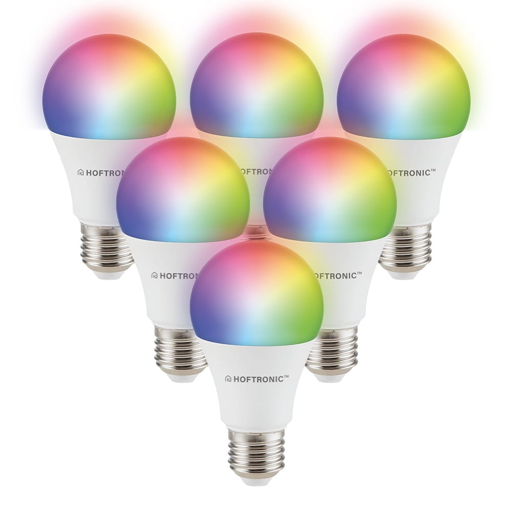 Set van 6 Smart E27 lampen A60 Bolvorm 10 Watt 806 lumen RGBWW Wifi Bluetooth Bestuurbaar via app Google Home, Amazon Alexa en Siri Smart lampen