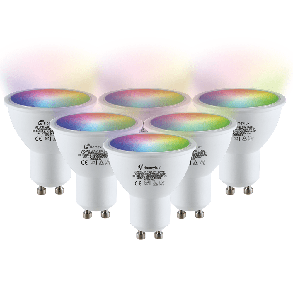 6x Smart GU10 spot - 38° - 5,5 Watt 345 lumen - RGBWW - Wifi & Bluetooth - Bestuurbaar via app - Google Home, Amazon Alexa en Siri - Smart lamp afbeelding