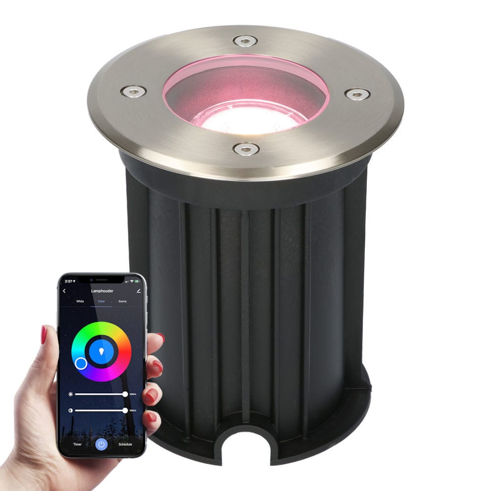 Maisy Smart Grondspot Rond Ø12cm 5,5 Watt 400 lumen RGBWW Wifi Bluetooth Bestuurbaar via app IP67 waterdicht Google Home, Amazon Alexa en Siri RVS